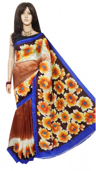 Blue, Maroon and yellow hand painted Bishnupuri  silk saree